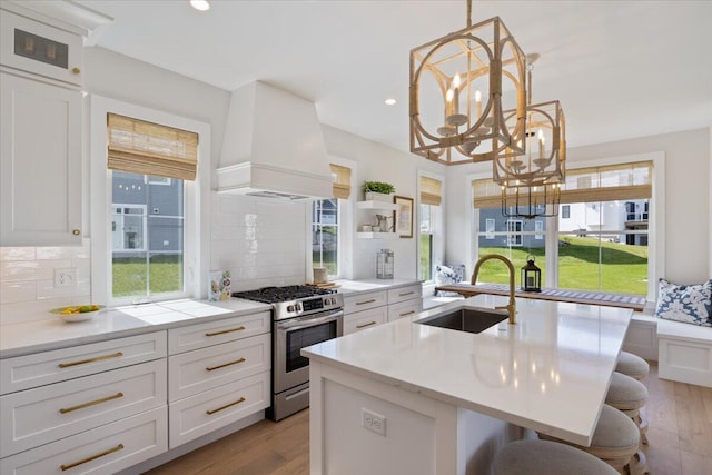 5 Cobblestone St Unit 53, Falmouth, ME 04105 - kitchen with custom exhaust hood, a sink, stainless steel gas range oven, light countertops, and light wood-style flooring