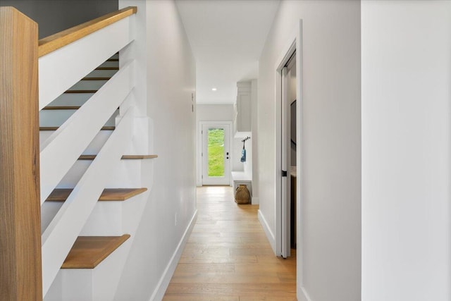 5 Cobblestone St Unit 53, Falmouth, ME 04105 - hall with light wood finished floors, baseboards, stairway, and recessed lighting