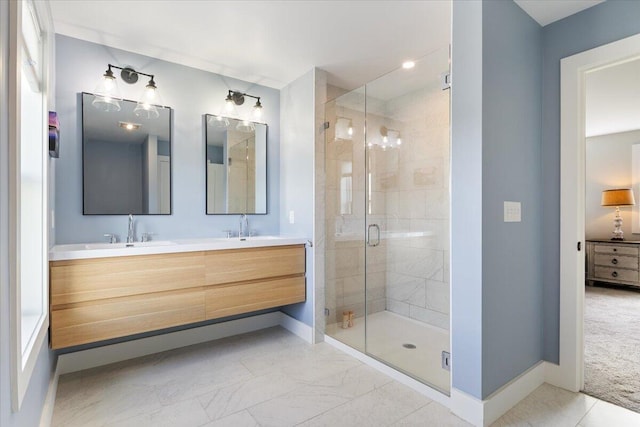 5 Cobblestone St Unit 53, Falmouth, ME 04105 - bathroom with double vanity, baseboards, and a shower stall