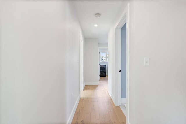 5 Cobblestone St Unit 53, Falmouth, ME 04105 - hall featuring washer / dryer, light wood finished floors, baseboards, and recessed lighting