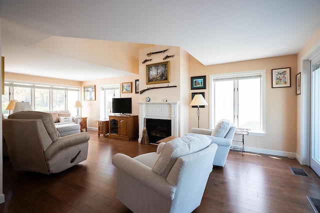 7 Goodridge Dr Unit 7, Naples, ME 04055 - living room featuring a fireplace, baseboards, and dark wood-style floors