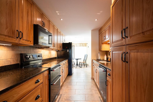 7 Goodridge Dr Unit 7, Naples, ME 04055 - kitchen featuring black appliances, a sink, tasteful backsplash, brown cabinetry, and recessed lighting