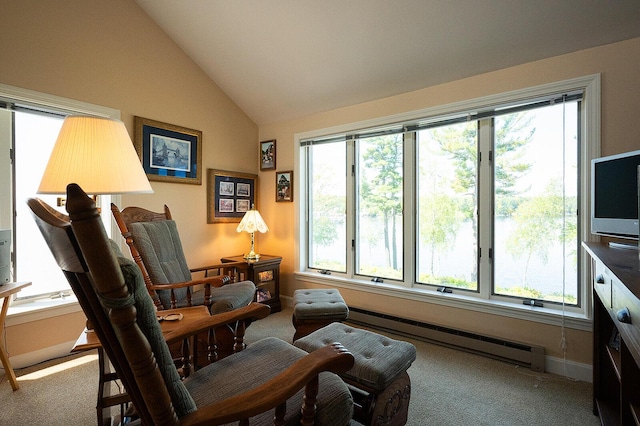 7 Goodridge Dr Unit 7, Naples, ME 04055 - living area with carpet, vaulted ceiling, a baseboard radiator, and baseboards