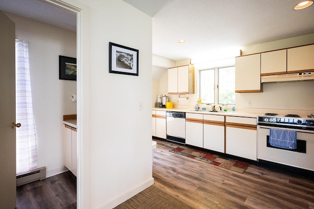 7 Goodridge Dr Unit 7, Naples, ME 04055 - kitchen with white appliances, under cabinet range hood, a sink, recessed lighting, and dark wood finished floors