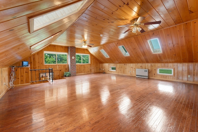 96 Grove St, Lewiston, ME 04240 - bonus room with a skylight, wood walls, ceiling fan, hardwood / wood-style floors, and wood ceiling