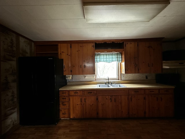 29 Exchange St, Presque Isle, ME 04769 - kitchen featuring freestanding refrigerator, a sink, light countertops, open shelves, and dark wood finished floors