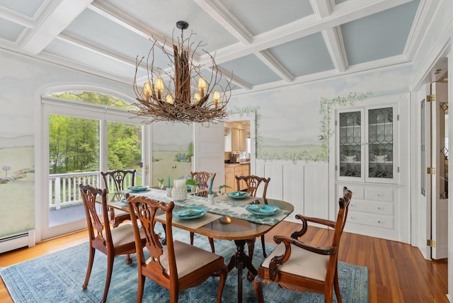71 N St, Kennebunkport, ME 04046 - dining space with coffered ceiling, wood finished floors, a chandelier, beam ceiling, and baseboard heating