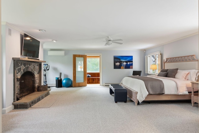 71 N St, Kennebunkport, ME 04046 - bedroom with a wall unit AC, carpet floors, baseboard heating, a stone fireplace, and a ceiling fan