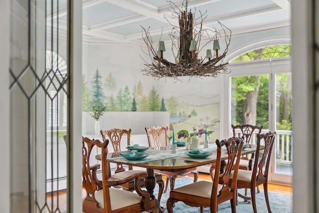 71 N St, Kennebunkport, ME 04046 - dining space with a chandelier, coffered ceiling, beamed ceiling, wood finished floors, and a baseboard radiator