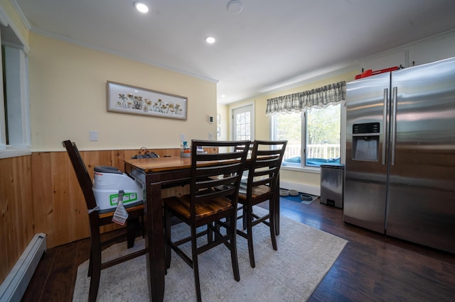 22 Meadow Rd, Hampden, ME 04444 - dining room with a baseboard radiator, ornamental molding, a wainscoted wall, recessed lighting, and wood finished floors