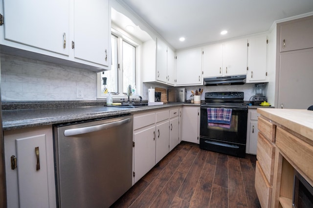 22 Meadow Rd, Hampden, ME 04444 - kitchen with dishwasher, black / electric stove, under cabinet range hood, a sink, and white cabinetry