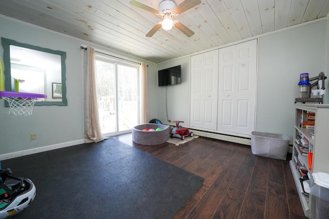 22 Meadow Rd, Hampden, ME 04444 - rec room with wood ceiling, a baseboard radiator, wood finished floors, ceiling fan, and crown molding
