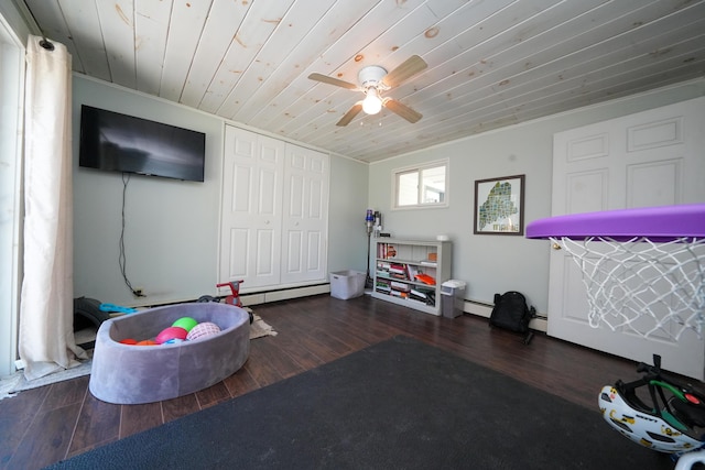 22 Meadow Rd, Hampden, ME 04444 - game room with wooden ceiling, wood finished floors, ceiling fan, and baseboard heating