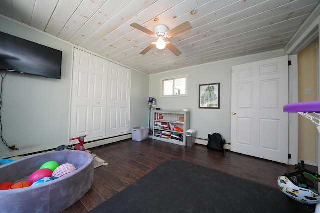 22 Meadow Rd, Hampden, ME 04444 - game room with wooden ceiling, hardwood / wood-style floors, ceiling fan, and a baseboard heating unit