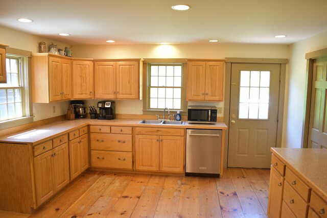 306 Campbell Rd, Leeds, ME 04263 - kitchen with appliances with stainless steel finishes, a sink, light countertops, light brown cabinets, and recessed lighting