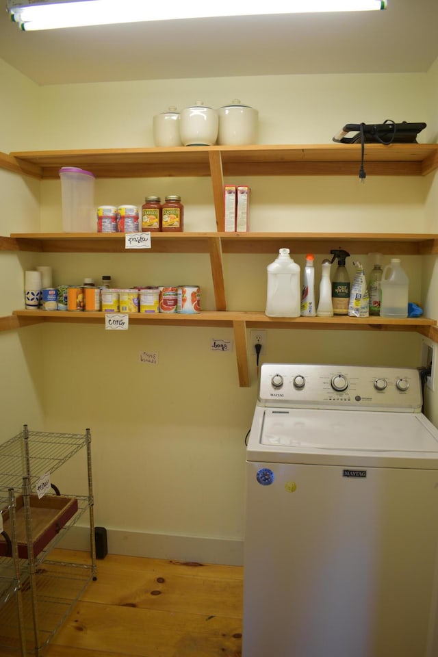 306 Campbell Rd, Leeds, ME 04263 - laundry room featuring washer / clothes dryer, light wood-style floors, and baseboards