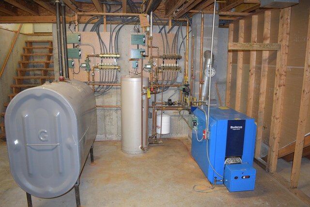 306 Campbell Rd, Leeds, ME 04263 - utility room with heating fuel, gas water heater, and a heating unit