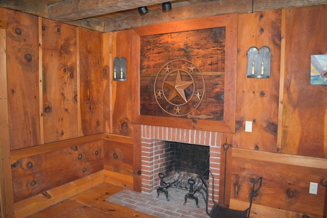 306 Campbell Rd, Leeds, ME 04263 - living room with a fireplace and wooden walls