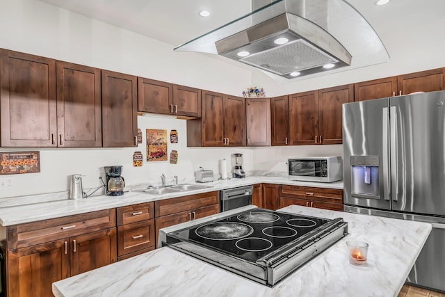 66 Mcnally Rd, Clinton, ME 04927 - kitchen with stainless steel appliances, a sink, ventilation hood, and light stone countertops