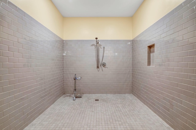 66 Mcnally Rd, Clinton, ME 04927 - bathroom with tile patterned flooring, a tile shower, and tile walls