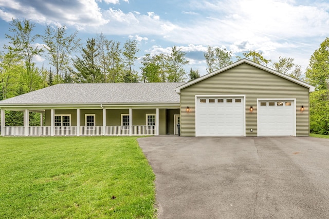 66 Mcnally Rd, Clinton, ME 04927 - single story home featuring covered porch, a front yard, asphalt driveway, roof with shingles, and an attached garage