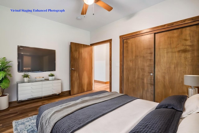 66 Mcnally Rd, Clinton, ME 04927 - bedroom featuring wood finished floors, a closet, and ceiling fan