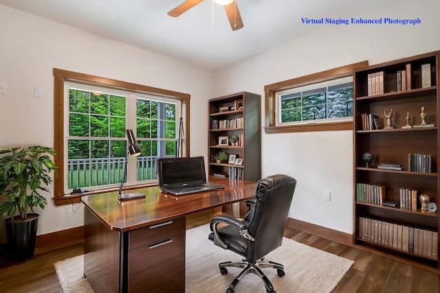 66 Mcnally Rd, Clinton, ME 04927 - home office with dark wood-style flooring, ceiling fan, and baseboards