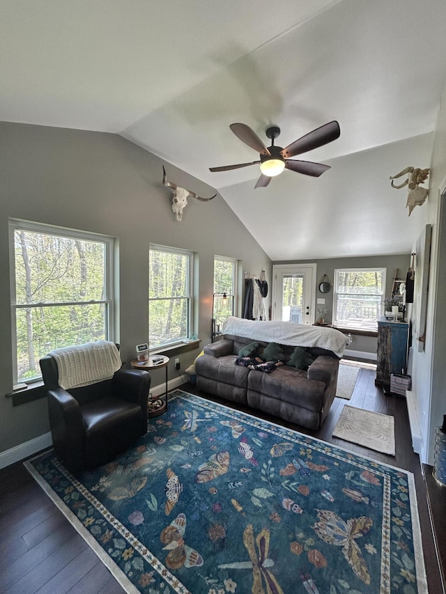 208 New Rd, Arundel, ME 04046 - living room featuring vaulted ceiling, wood finished floors, a ceiling fan, and baseboards