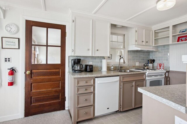 688 Kings Hwy, Kennebunkport, ME 04046 - kitchen featuring white appliances, a sink, backsplash, open shelves, and light countertops