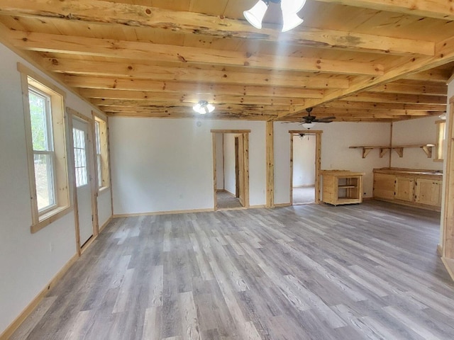 147 Keep Rd, Jay, ME 04239 - unfurnished living room with wooden ceiling with exposed beams, light wood-style flooring, and baseboards