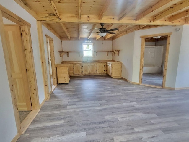147 Keep Rd, Jay, ME 04239 - kitchen featuring wood finished floors, ceiling fan, light brown cabinetry, baseboards, and wooden ceiling with exposed beams
