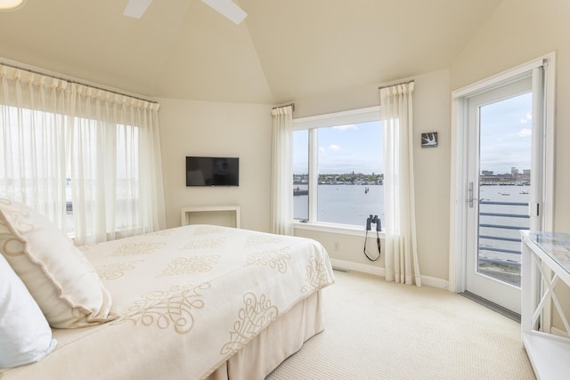 215 High St Unit 101, South Portland, ME 04106 - bedroom with access to exterior, lofted ceiling, light carpet, multiple windows, and baseboards