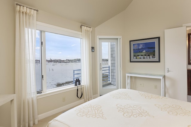 215 High St Unit 101, South Portland, ME 04106 - bedroom with multiple windows, access to outside, vaulted ceiling, baseboards, and carpet floors