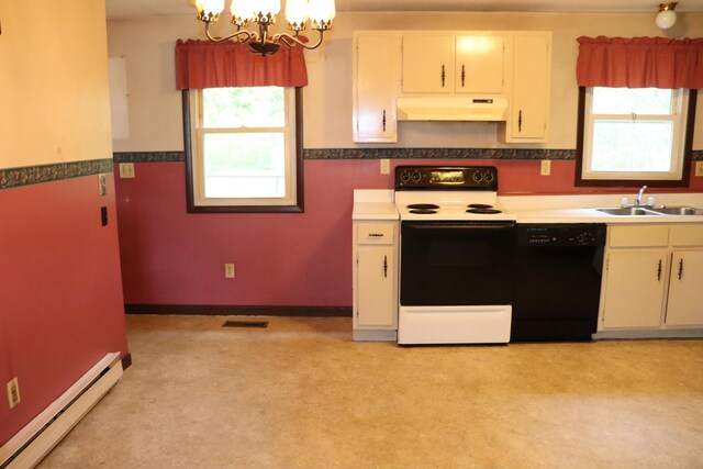 113 Pleasant St, Greenville, ME 04441 - kitchen featuring range with electric stovetop, black dishwasher, under cabinet range hood, a baseboard radiator, and a sink