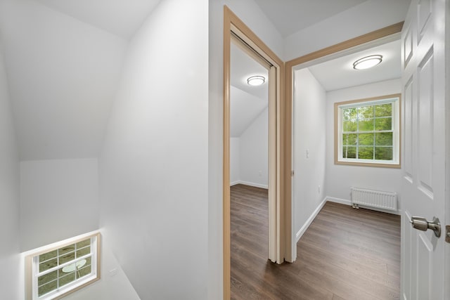 23 Bray Cir, Passadumkeag, ME 04475 - hall featuring radiator, vaulted ceiling, dark wood-style floors, and baseboards