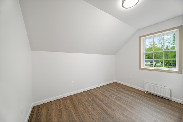 23 Bray Cir, Passadumkeag, ME 04475 - additional living space featuring radiator, vaulted ceiling, baseboards, and dark wood finished floors