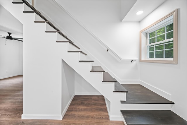 23 Bray Cir, Passadumkeag, ME 04475 - stairs featuring baseboards, wood finished floors, ceiling fan, and recessed lighting