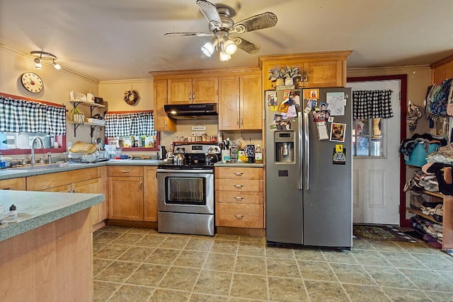 753 Ridge Rd, Windsor, ME 04363 - kitchen with appliances with stainless steel finishes, under cabinet range hood, a sink, a ceiling fan, and crown molding