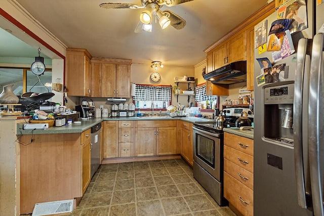 753 Ridge Rd, Windsor, ME 04363 - kitchen with appliances with stainless steel finishes, under cabinet range hood, a sink, a ceiling fan, and a peninsula