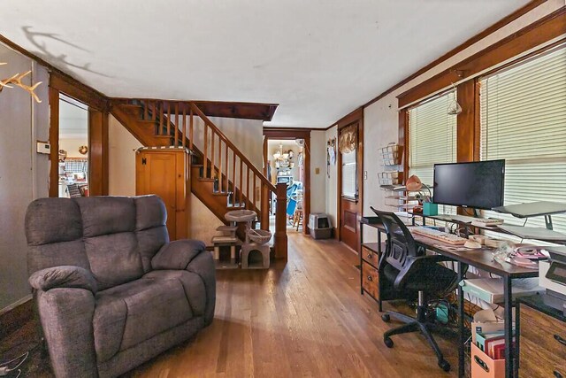 753 Ridge Rd, Windsor, ME 04363 - office area featuring hardwood / wood-style floors and a chandelier