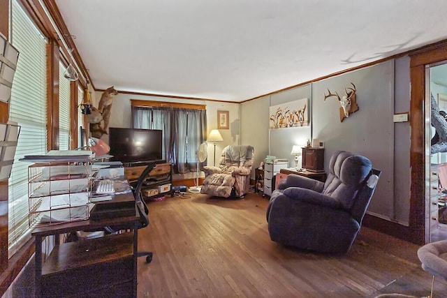 753 Ridge Rd, Windsor, ME 04363 - living area featuring ornamental molding and wood finished floors