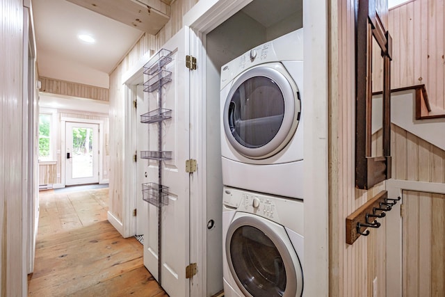 76 Old W Bethel Road, Albany Twp, ME 04217 - laundry area featuring estacked washer and dryer and light wood-type flooring