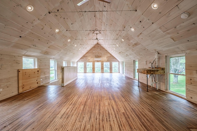 76 Old W Bethel Road, Albany Twp, ME 04217 - additional living space with lofted ceiling, wooden walls, hardwood / wood-style floors, wood ceiling, and recessed lighting