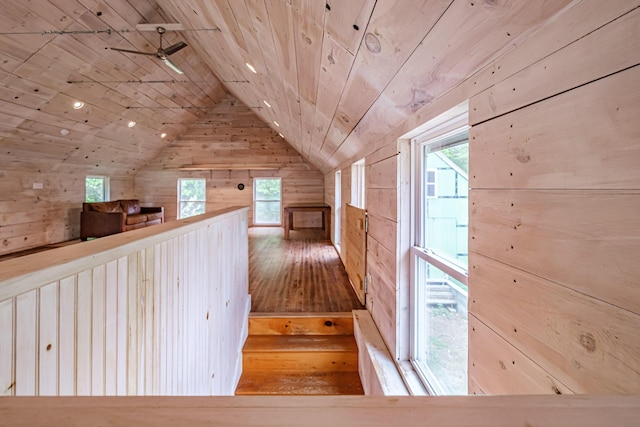 76 Old W Bethel Road, Albany Twp, ME 04217 - additional living space featuring wood walls, vaulted ceiling, wooden ceiling, and wood finished floors