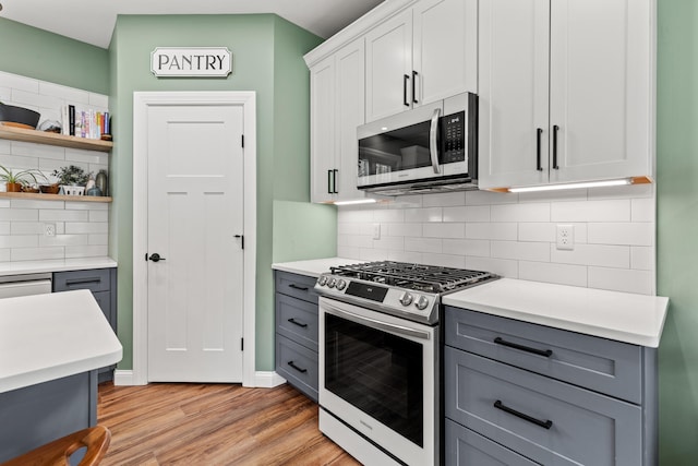 64 Autumn Rdg, Sabattus, ME 04280 - kitchen with appliances with stainless steel finishes, gray cabinets, light countertops, backsplash, and light wood-type flooring