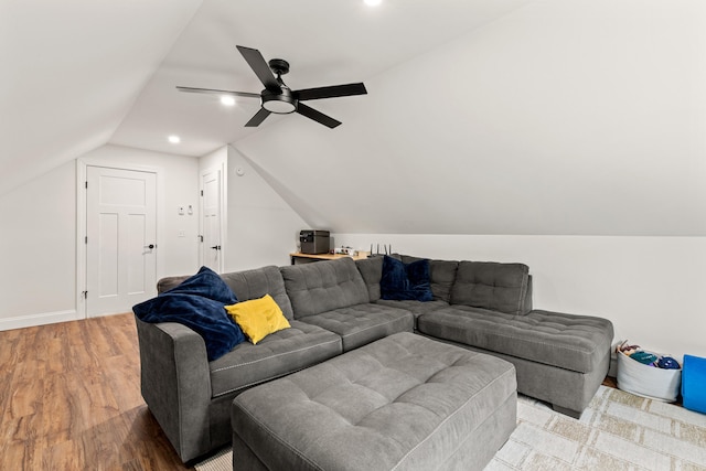64 Autumn Rdg, Sabattus, ME 04280 - living room featuring vaulted ceiling, ceiling fan, and wood finished floors