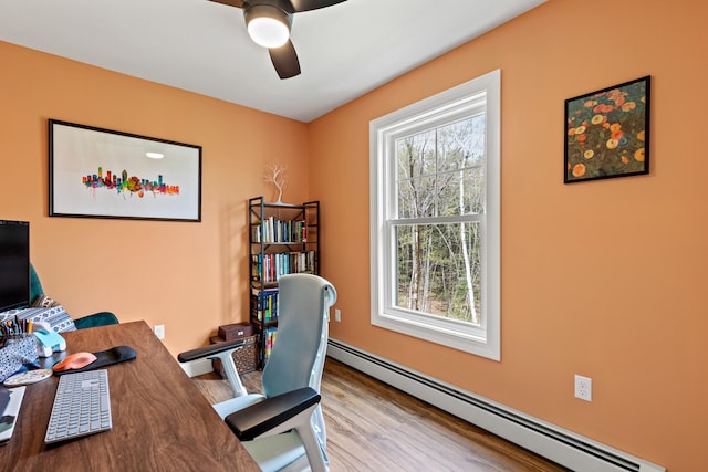 64 Autumn Rdg, Sabattus, ME 04280 - office featuring a baseboard radiator, a ceiling fan, and wood finished floors
