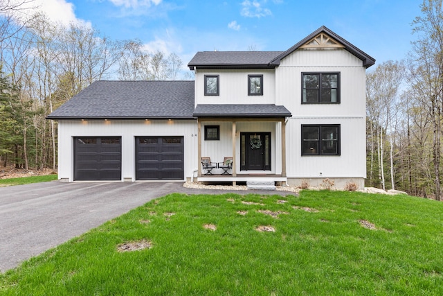 64 Autumn Rdg, Sabattus, ME 04280 - modern inspired farmhouse with a garage, a porch, asphalt driveway, a shingled roof, and a front lawn