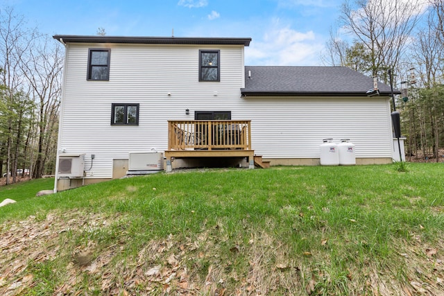 64 Autumn Rdg, Sabattus, ME 04280 - rear view of house with a wooden deck, a yard, and ac unit