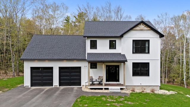 64 Autumn Rdg, Sabattus, ME 04280 - modern inspired farmhouse featuring roof with shingles, asphalt driveway, an attached garage, and a front lawn